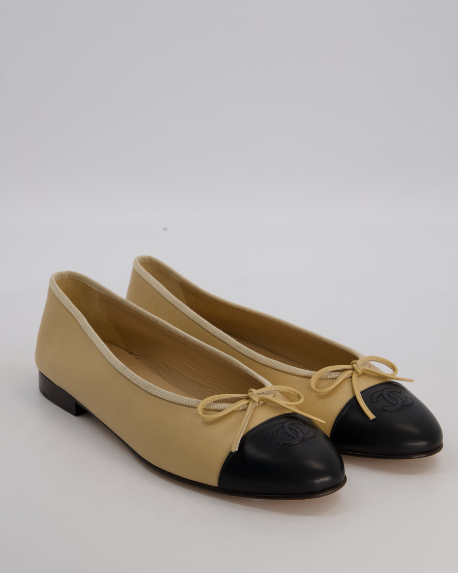 Chanel Beige Ballet Flats With Black Toecap and CC Logo In Lambskin Leather Size EU 41.5C £820