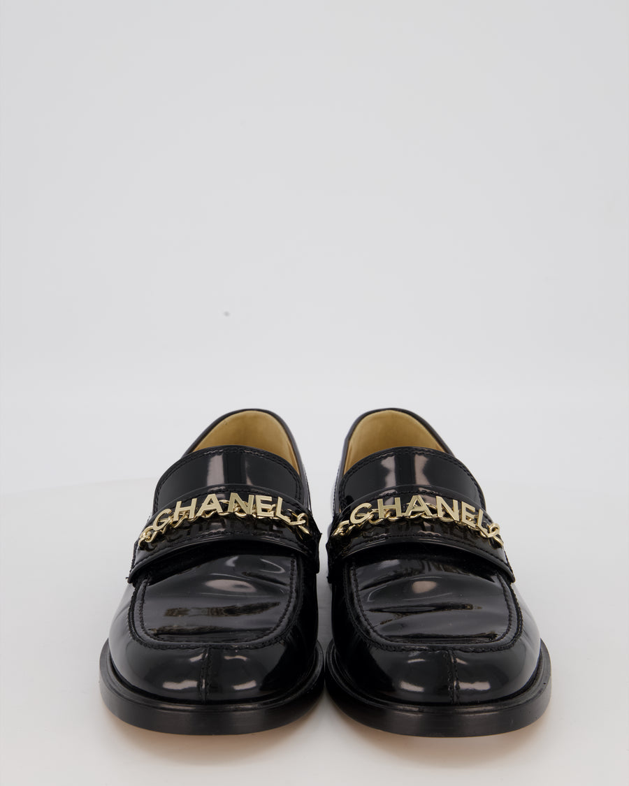 Chanel Black Patent Leather Loafers With Chanel Gold Logo Size EU 42