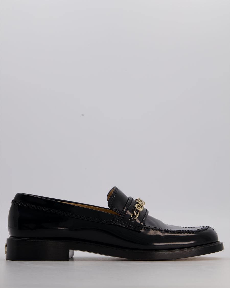 Chanel Black Patent Leather Loafers With Chanel Gold Logo Size EU 42