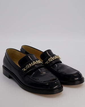 Chanel Black Patent Leather Loafers With Chanel Gold Logo Size EU 42