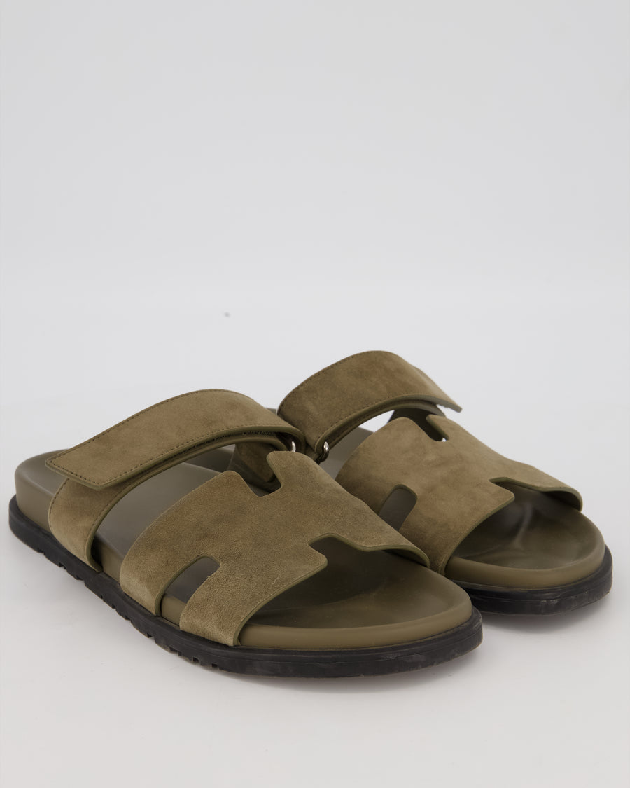 Hermès Chypre in Vert Toundra Sandals in Suede Goatskin Leather Size EU 42.5