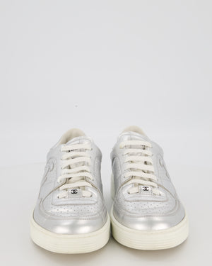 Chanel Metallic Silver Sneakers With CC Logo In Calfskin Leather Size EU 42