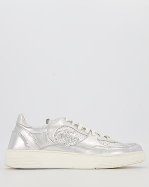 Chanel Metallic Silver Sneakers With CC Logo In Calfskin Leather Size EU 42