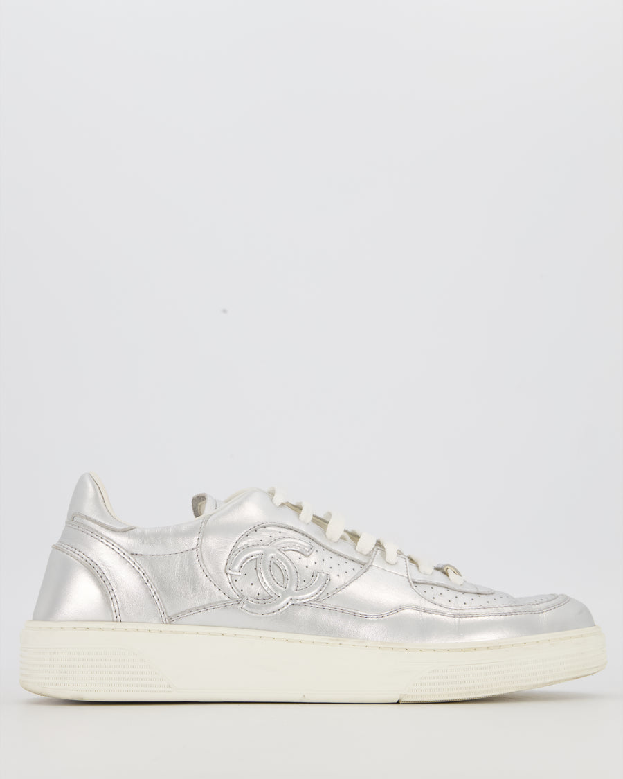 Chanel Metallic Silver Sneakers With CC Logo In Calfskin Leather Size EU 42