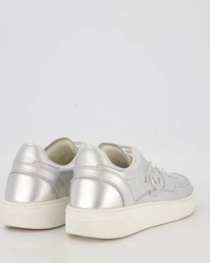 Chanel Metallic Silver Sneakers With CC Logo In Calfskin Leather Size EU 42
