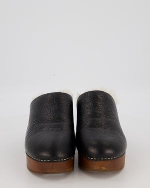 Chanel Black Crackled Sheepskin Shearling Clogs Shoes Size EU 42