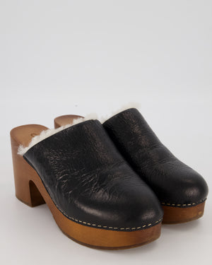 Chanel Black Crackled Sheepskin Shearling Clogs Shoes Size EU 42