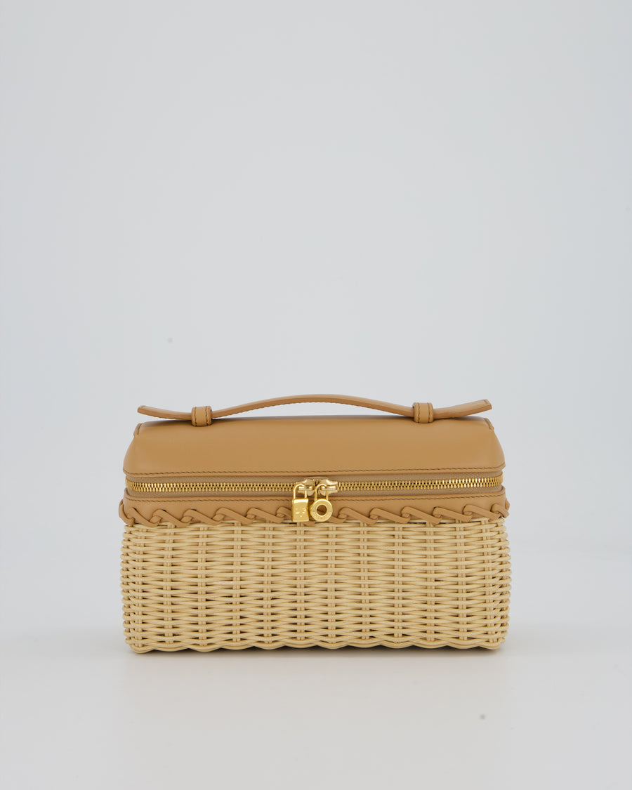 Loro Piana Beige L19 Extra Pocket Wicker Bag In Calfskin Leather With Gold Hardware