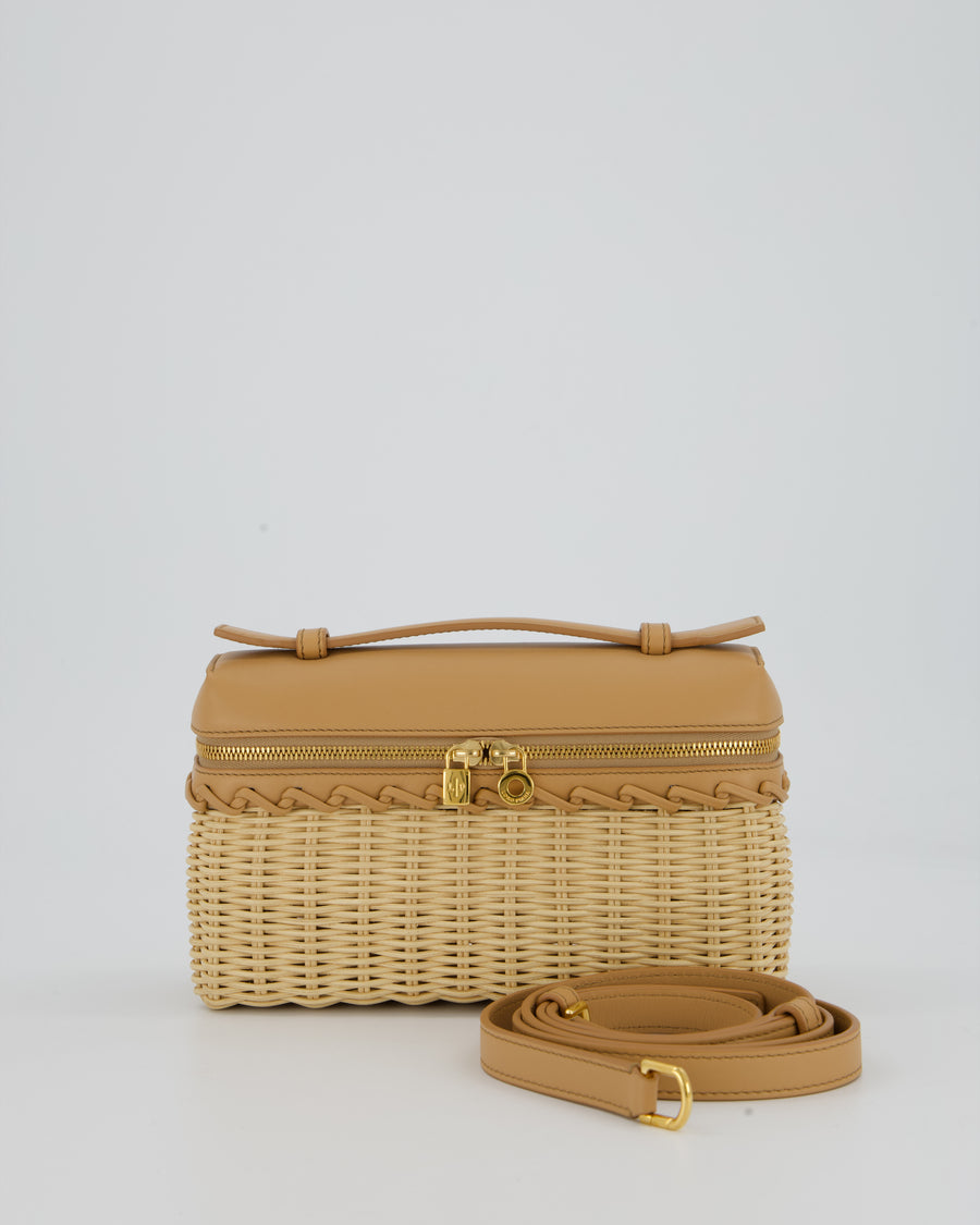 Loro Piana Beige L19 Extra Pocket Wicker Bag In Calfskin Leather With Gold Hardware