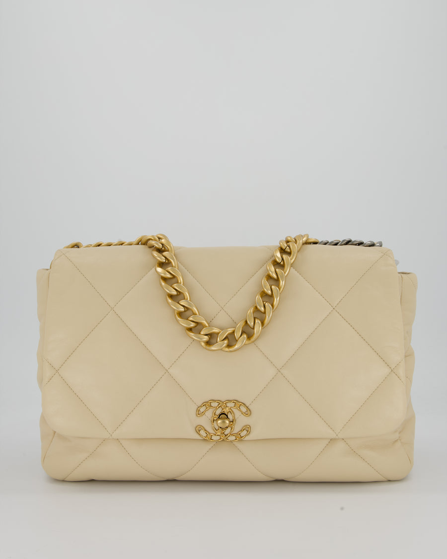 Chanel Beige 19 Maxi Flap Bag In Lambskin Leather With Mixed Hardware