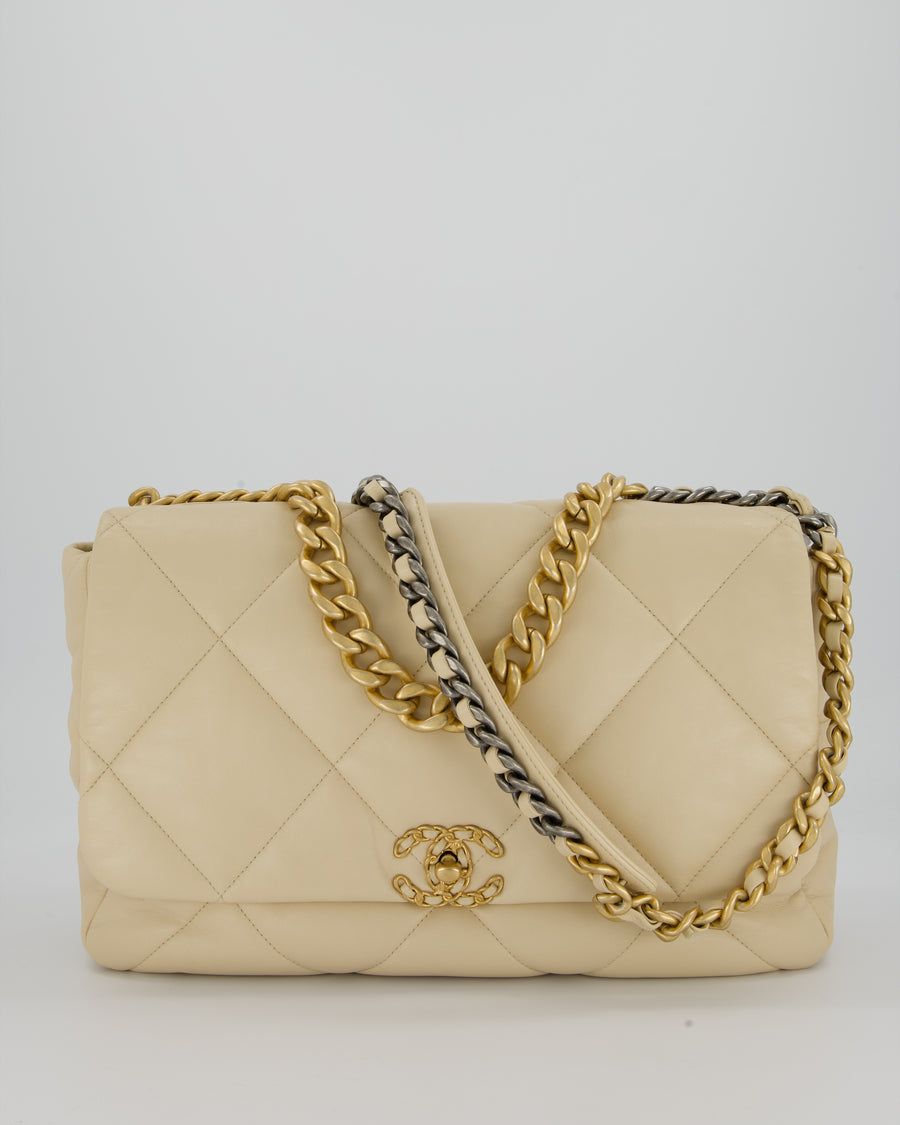 Chanel Beige 19 Maxi Flap Bag In Lambskin Leather With Mixed Hardware