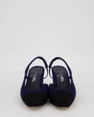 Chanel Navy and Black Tweed Slingbacks with Black Cap Toe and Silver CC Logo Detail Size EU 38