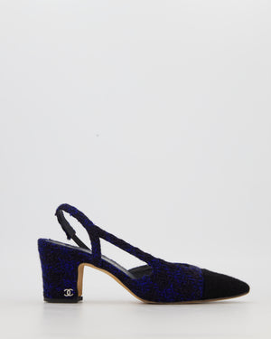 Chanel Navy and Black Tweed Slingbacks with Black Cap Toe and Silver CC Logo Detail Size EU 38