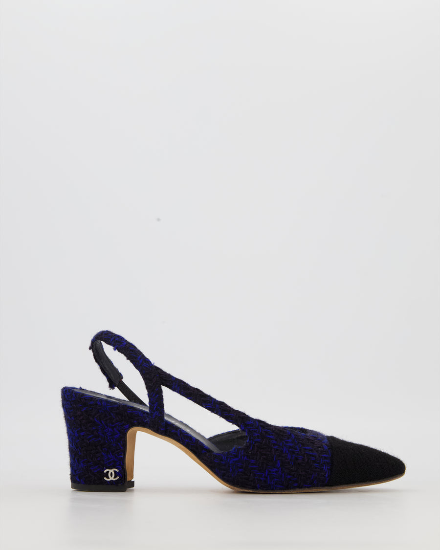 Chanel Navy and Black Tweed Slingbacks with Black Cap Toe and Silver CC Logo Detail Size EU 38