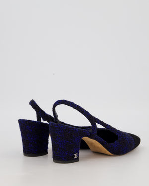 Chanel Navy and Black Tweed Slingbacks with Black Cap Toe and Silver CC Logo Detail Size EU 38
