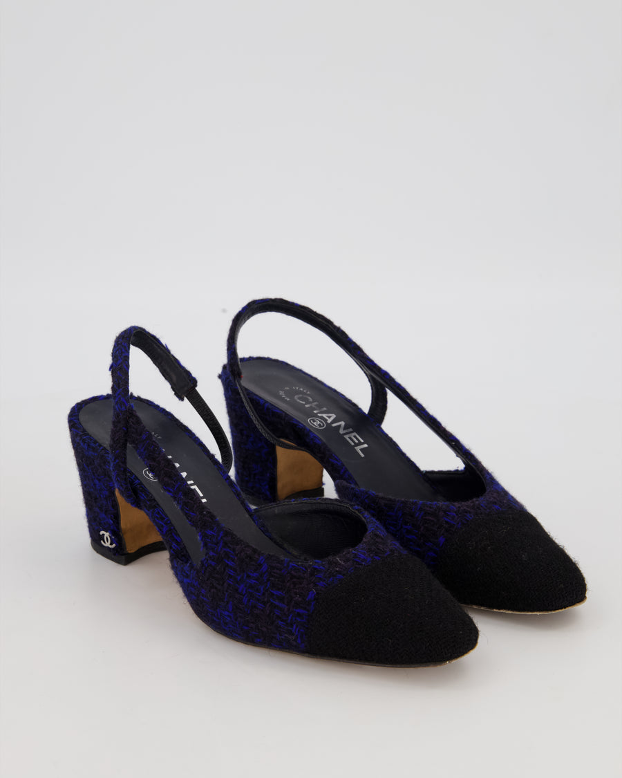 Chanel Navy and Black Tweed Slingbacks with Black Cap Toe and Silver CC Logo Detail Size EU 38