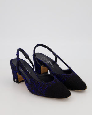 Chanel Navy and Black Tweed Slingbacks with Black Cap Toe and Silver CC Logo Detail Size EU 38