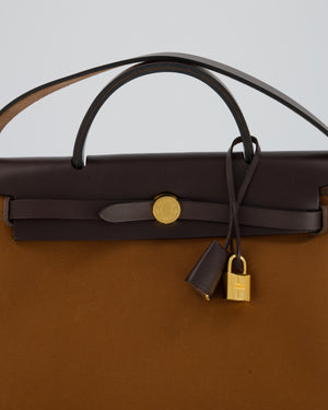 Hermès Herbag Zip 31 Bag in Alezan and Bleu Outremer Canvas, Ebene Vache Hunter Leather with Gold Hardware