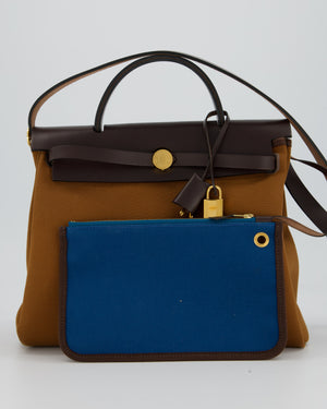 Hermès Herbag Zip 31 Bag in Alezan and Bleu Outremer Canvas, Ebene Vache Hunter Leather with Gold Hardware