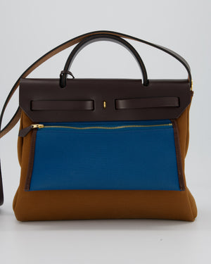Hermès Herbag Zip 31 Bag in Alezan and Bleu Outremer Canvas, Ebene Vache Hunter Leather with Gold Hardware