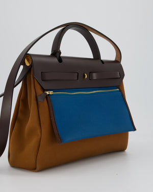 Hermès Herbag Zip 31 Bag in Alezan and Bleu Outremer Canvas, Ebene Vache Hunter Leather with Gold Hardware