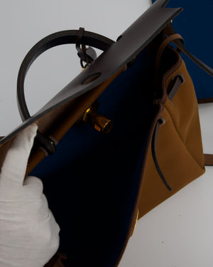Hermès Herbag Zip 31 Bag in Alezan and Bleu Outremer Canvas, Ebene Vache Hunter Leather with Gold Hardware
