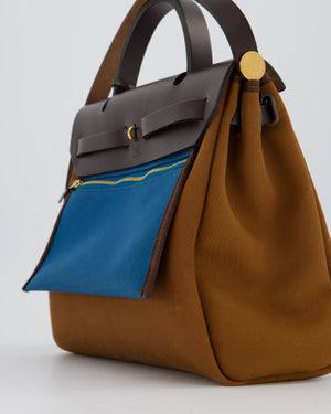 Hermès Herbag Zip 31 Bag in Alezan and Bleu Outremer Canvas, Ebene Vache Hunter Leather with Gold Hardware
