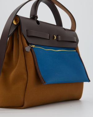 Hermès Herbag Zip 31 Bag in Alezan and Bleu Outremer Canvas, Ebene Vache Hunter Leather with Gold Hardware
