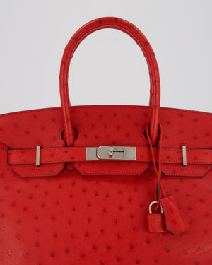 Hermès Birkin 30 Retourne Bag in Red Rouge Vif Ostrich Leather with Palladium Hardware