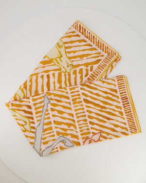 Hermès Au Triple Galop Double Face Silk Scarf 90 in Jaune Ocre, Gris Perle, Saumon and Orange