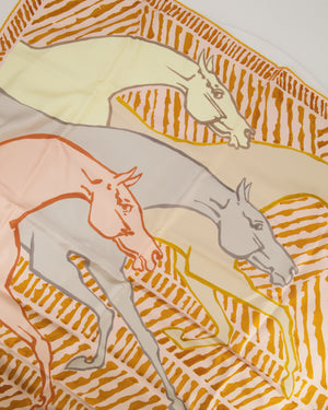 Hermès Au Triple Galop Double Face Silk Scarf 90 in Jaune Ocre, Gris Perle, Saumon and Orange