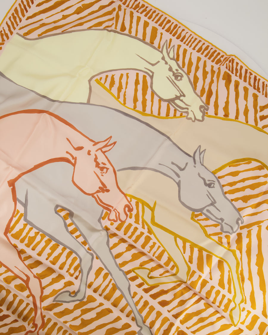 Hermès Au Triple Galop Double Face Silk Scarf 90 in Jaune Ocre, Gris Perle, Saumon and Orange
