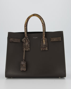 Saint Laurent Brown Calfskin Leather Small Sac De Jour Bag with Python Details and Silver Hardware