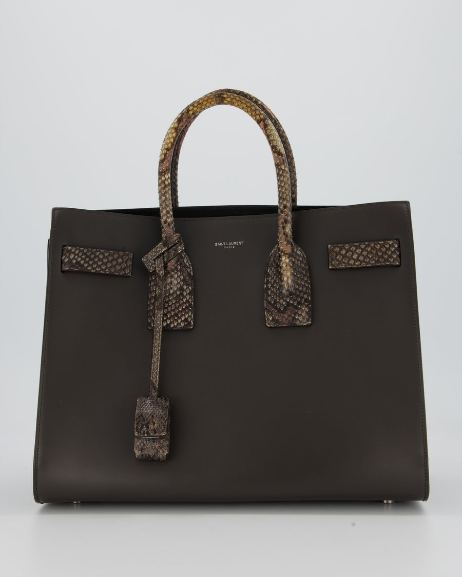 Saint Laurent Brown Calfskin Leather Small Sac De Jour Bag with Python Details and Silver Hardware