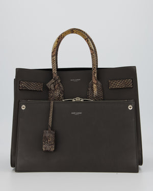 Saint Laurent Brown Calfskin Leather Small Sac De Jour Bag with Python Details and Silver Hardware