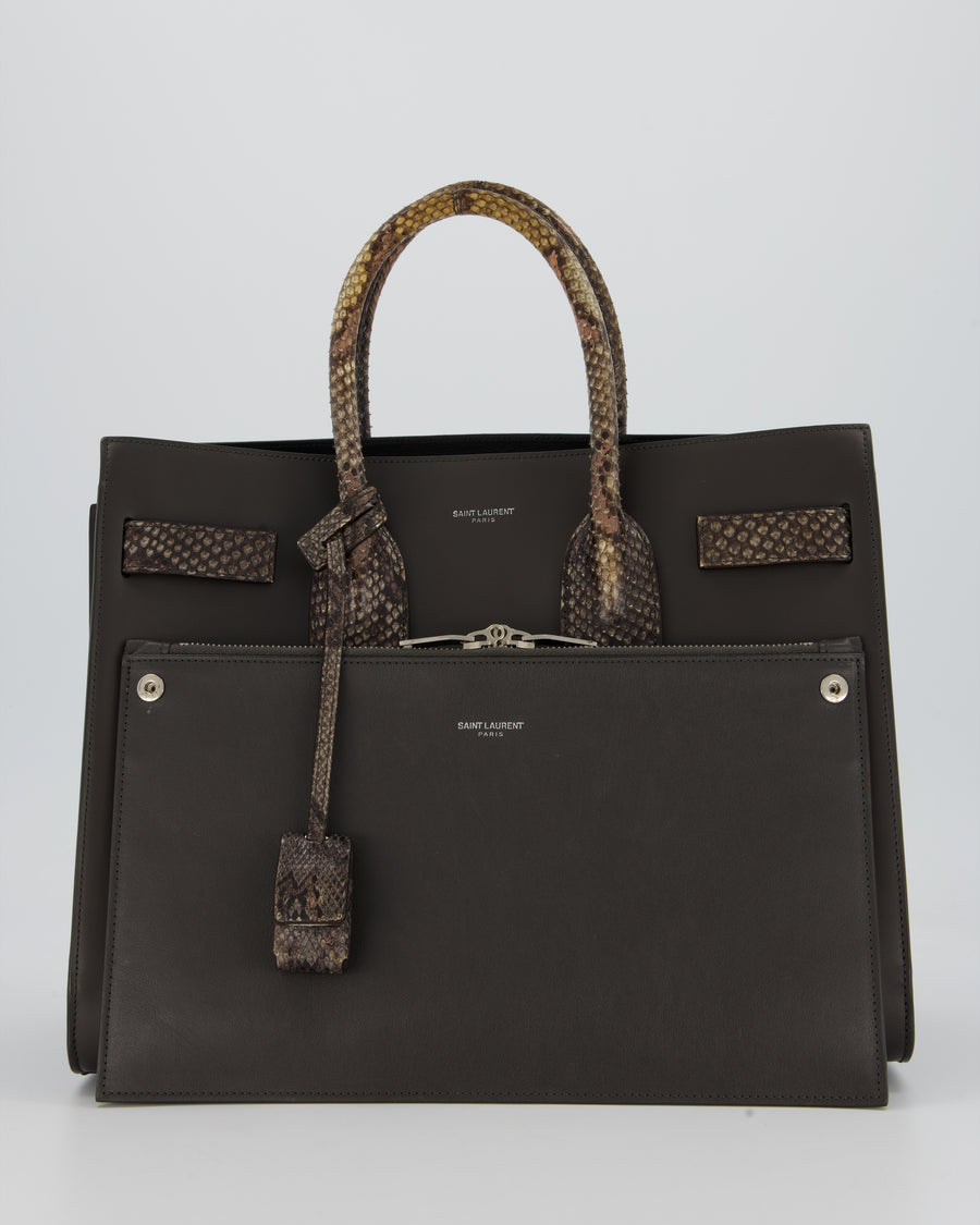 Saint Laurent Brown Calfskin Leather Small Sac De Jour Bag with Python Details and Silver Hardware