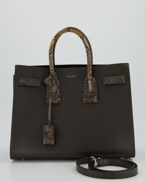 Saint Laurent Brown Calfskin Leather Small Sac De Jour Bag with Python Details and Silver Hardware