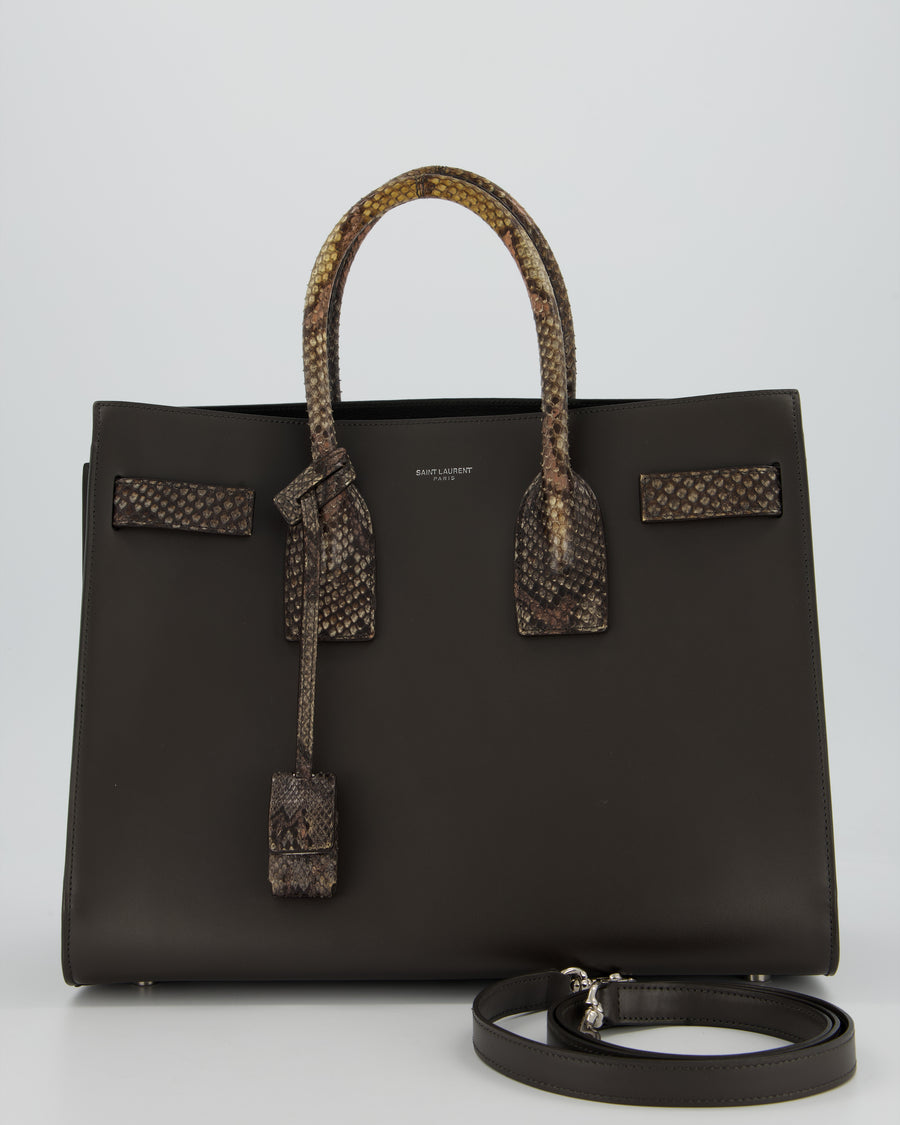 Saint Laurent Brown Calfskin Leather Small Sac De Jour Bag with Python Details and Silver Hardware