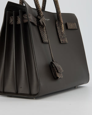 Saint Laurent Brown Calfskin Leather Small Sac De Jour Bag with Python Details and Silver Hardware