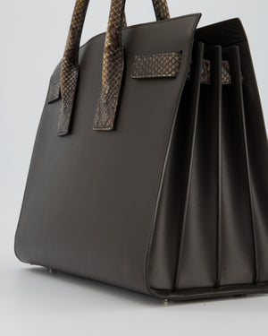 Saint Laurent Brown Calfskin Leather Small Sac De Jour Bag with Python Details and Silver Hardware
