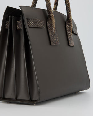 Saint Laurent Brown Calfskin Leather Small Sac De Jour Bag with Python Details and Silver Hardware