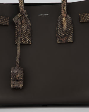 Saint Laurent Brown Calfskin Leather Small Sac De Jour Bag with Python Details and Silver Hardware