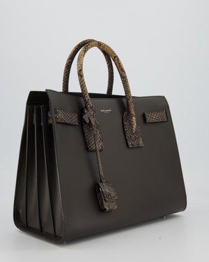 Saint Laurent Brown Calfskin Leather Small Sac De Jour Bag with Python Details and Silver Hardware