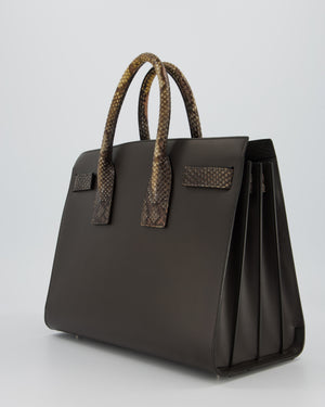 Saint Laurent Brown Calfskin Leather Small Sac De Jour Bag with Python Details and Silver Hardware