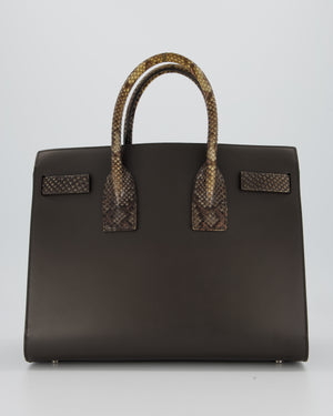 Saint Laurent Brown Calfskin Leather Small Sac De Jour Bag with Python Details and Silver Hardware