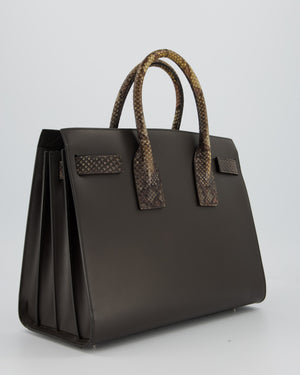 Saint Laurent Brown Calfskin Leather Small Sac De Jour Bag with Python Details and Silver Hardware