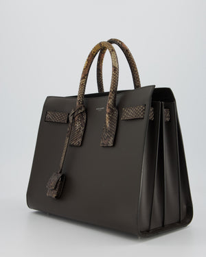Saint Laurent Brown Calfskin Leather Small Sac De Jour Bag with Python Details and Silver Hardware