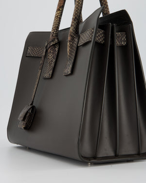 Saint Laurent Brown Calfskin Leather Small Sac De Jour Bag with Python Details and Silver Hardware