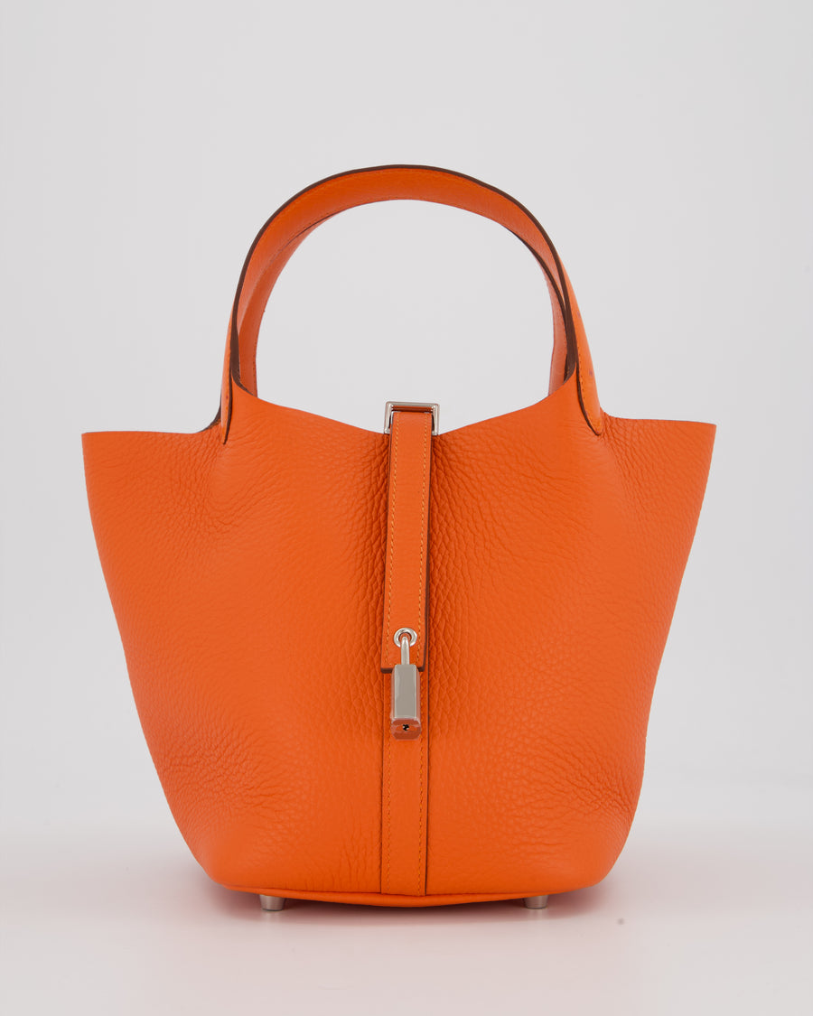Hermès Picotin Lock Touch 18 Bag in Tangerine Taurillon Clemence and Ostrich Leather with Palladium Hardware