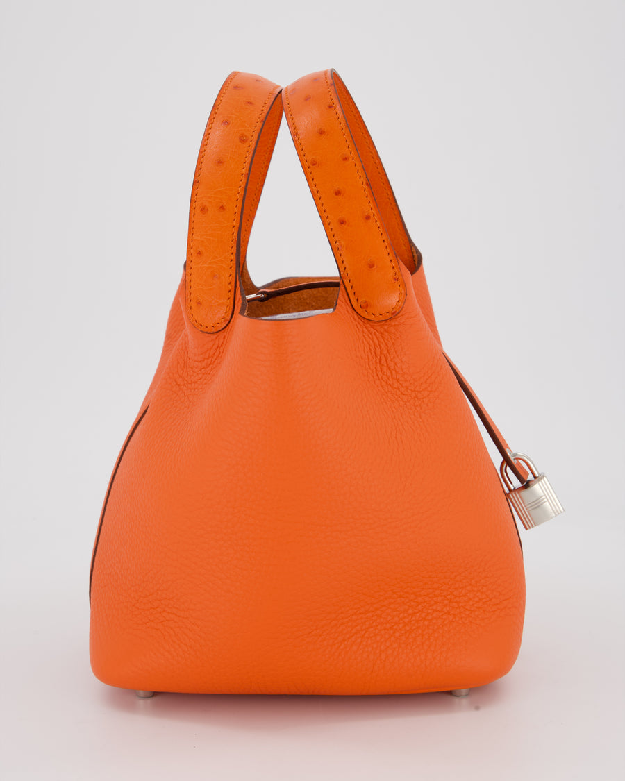 Hermès Picotin Lock Touch 18 Bag in Tangerine Taurillon Clemence and Ostrich Leather with Palladium Hardware